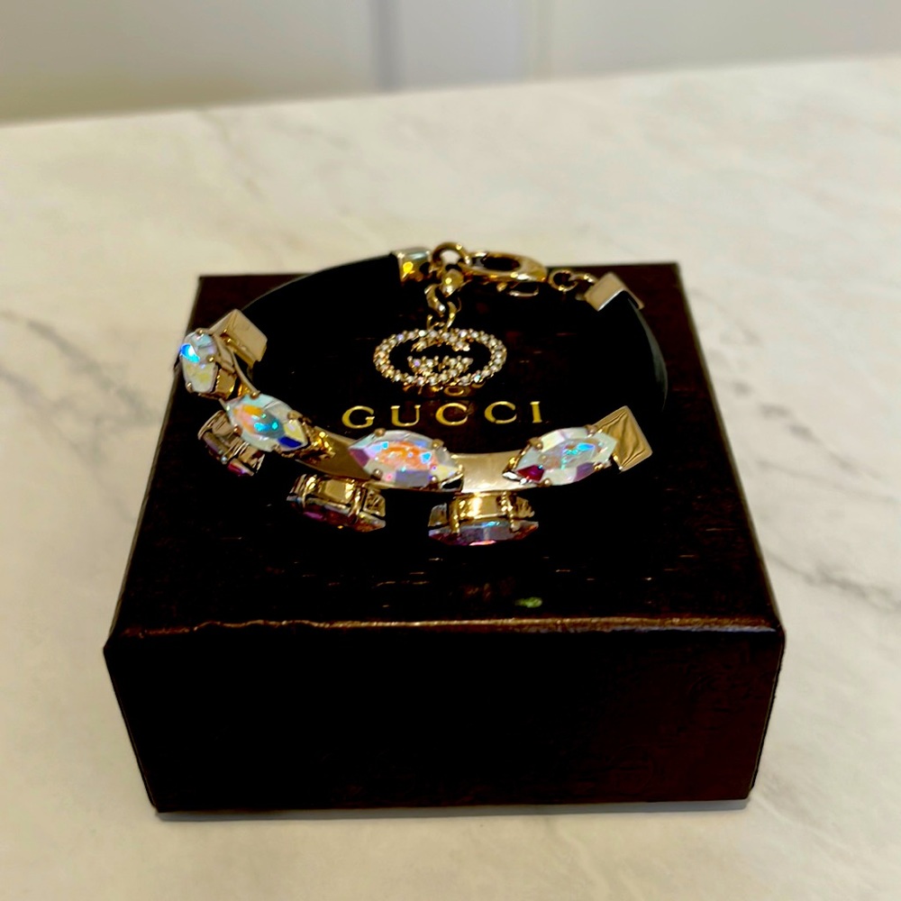 Gucci Interlocking GG Charm Bracelet Leather w/ Metal and Crystals
